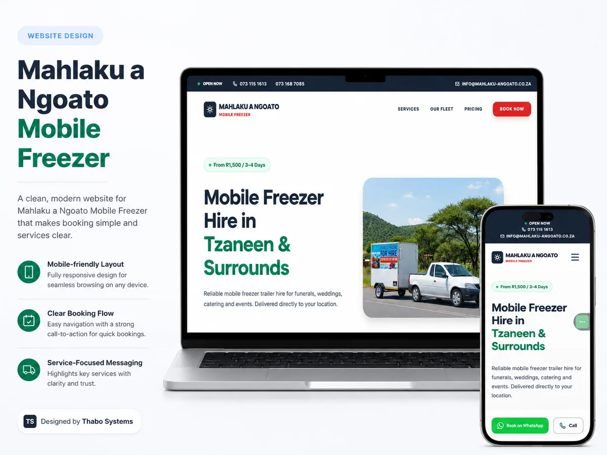 Mahlaku a Ngoato Mobile Freezer business website mockup by Thabo Systems