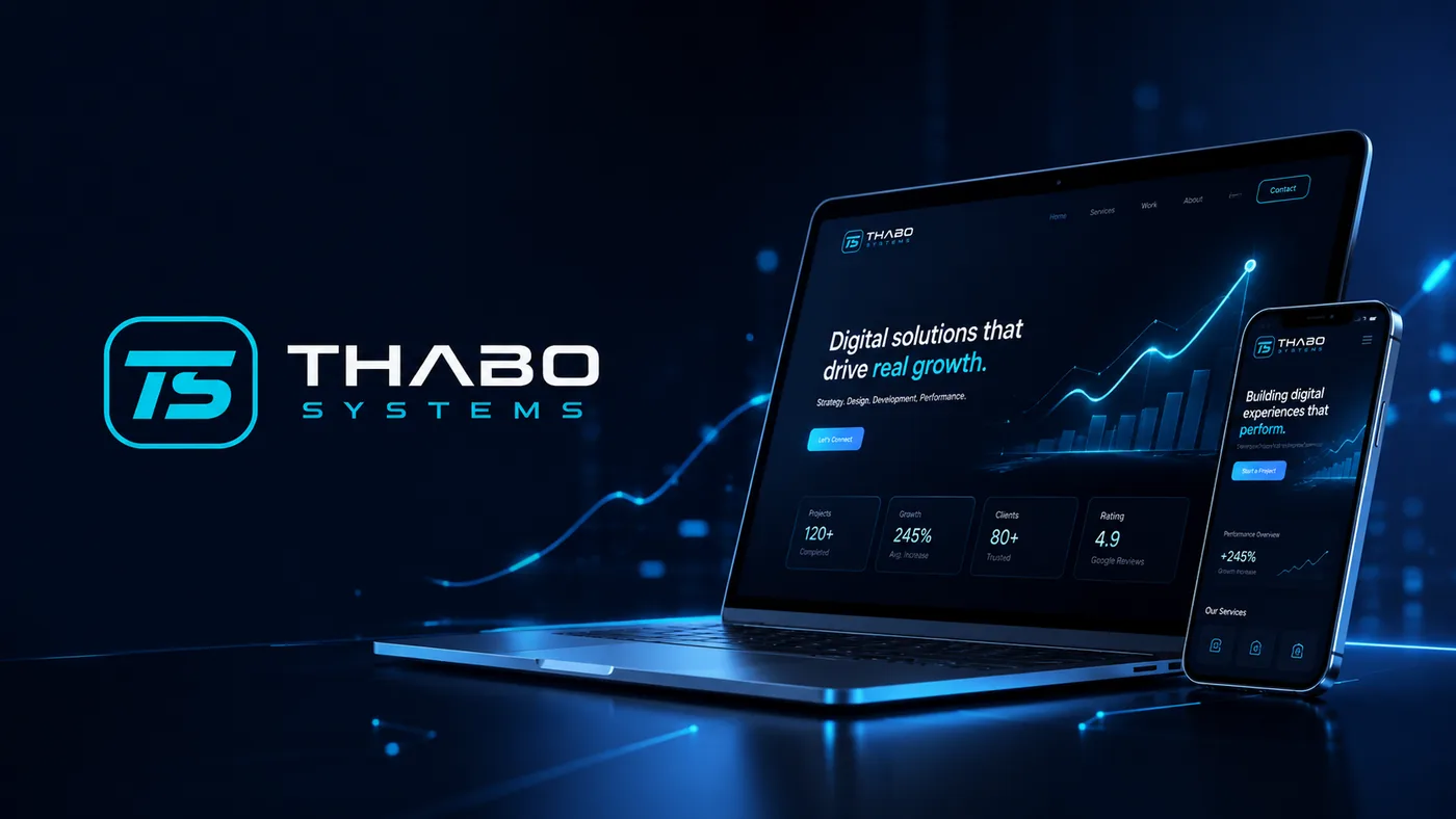 Thabo Systems digital solutions hero image with laptop and mobile website mockups