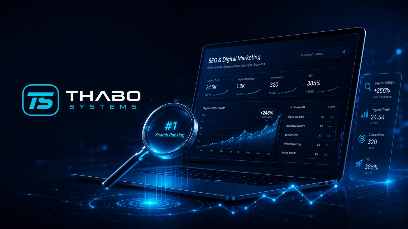 SEO and digital marketing analytics dashboard showing traffic and search growth