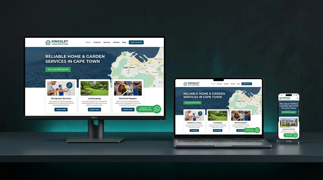Website device mock-up showing desktop, laptop and smartphone with responsive business website