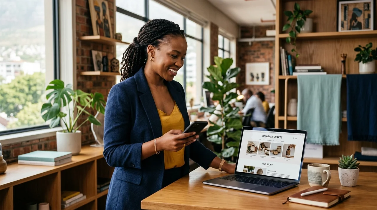 South African small business owner viewing responsive business website by Thabo Systems